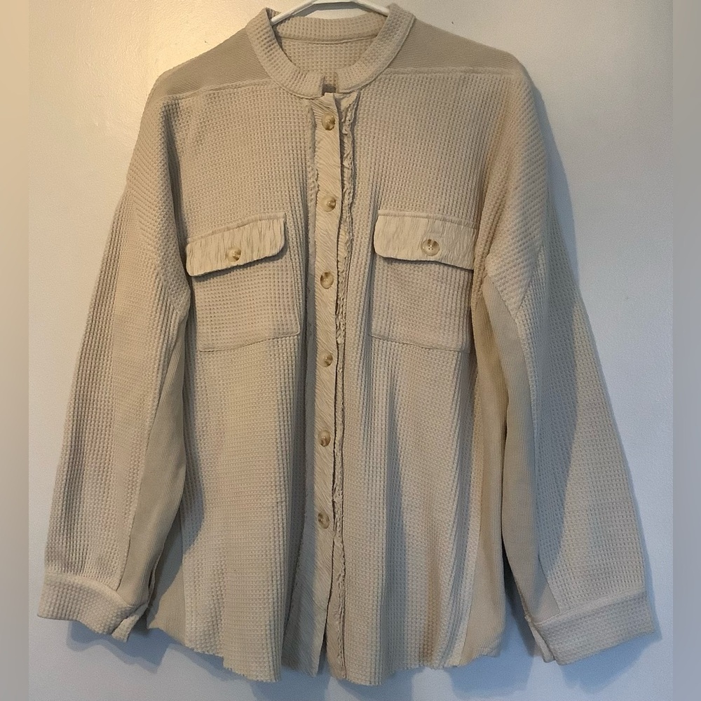 Cream Button-Up Waffle Knit Shirt